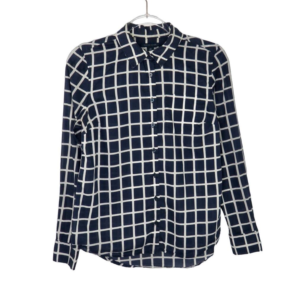 Tommy Hilfiger Navy Blue Grid Block Checkered Button Down Shirt Women's Small - Picture 2 of 6